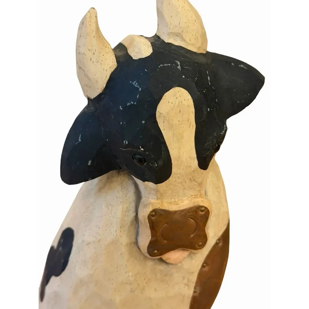Vintage JAMES HADDON Signed Wood & Copper Cow Primitive Farmhouse Hand Carved